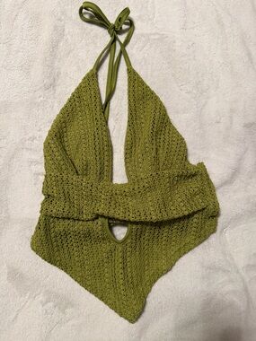 Amazon Olive Green Crochet Halter Crop Top